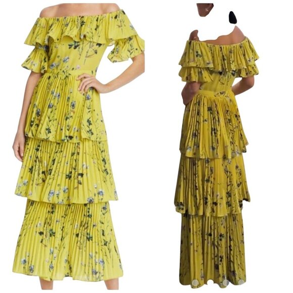 o.p.t Dresses & Skirts - O.P.T. Yellow Floral Off Shoulder Tiered Ruffle Midi Dress XS NWT